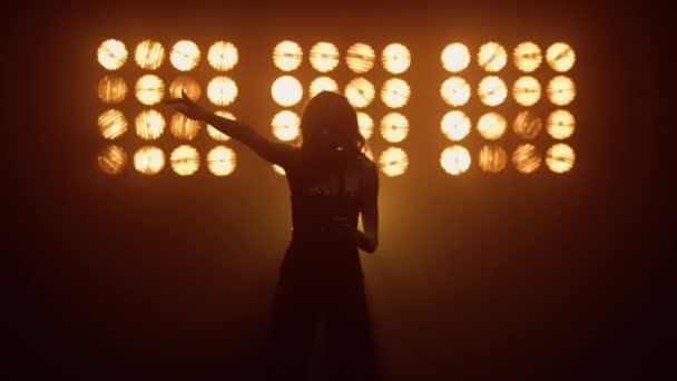 Silhueta músico menina cantando microfone em luzes de estúdio. Mulher se apresentando no palco — Vídeo de Stock