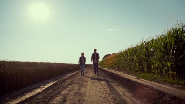 Δύο αγρότες που επιθεωρούν το χωράφι με τα ηλιακά φώτα. Αγροτικοί περπατώντας έδαφος δρόμο. — Αρχείο Βίντεο