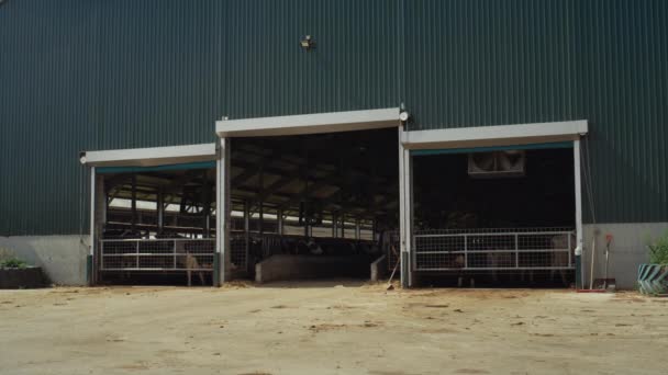 Mjölkbonde arbetare gå ut modern tillverkning anläggning på landsbygden ensam. — Stockvideo
