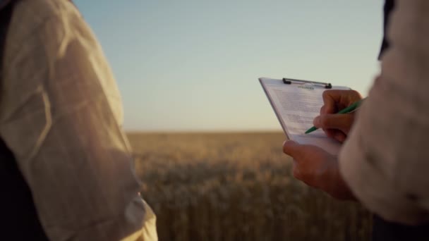 Socios firmando contrato campo de trigo. Las manos de los agricultores sostienen el portapapeles de cerca. — Vídeos de Stock