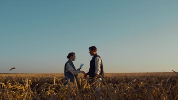 Dos granjeros conociendo la luz solar del campo de trigo. Exitoso negocio agrícola. — Vídeos de Stock