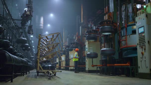 Cabello negro profesional de pie cerca de la construcción de metal moderno grande en el almacenamiento. — Vídeo de stock