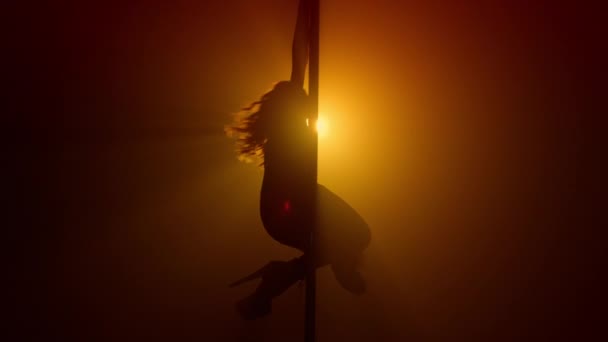 Silhouette woman pole dancing emotionally on nightclub. Lady spinning seductive — стоковое видео