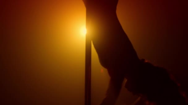 Silhouette Frau beim Poledance im Scheinwerferlicht. Mädchen tanzen verführerisch. — Stockvideo