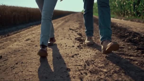 Sepatu petani berjalan menutup jalan darat. Pekerja pertanian memeriksa usaha tani — Stok Video