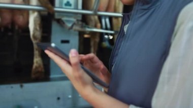 İşçi elleri yakın çekim yastığına dokunur. Çiftlik hayvanları sahibinin sağma salonunda tableti var.. 