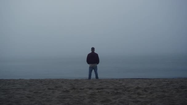 Ragazzo premuroso in piedi spiaggia di mare. Uomo rilassato godendo paesaggio oceanico mattina — Video Stock