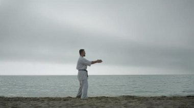 Zinde adam kumsalda karate çalışıyor. Spor dövüşçüleri dövüş teknikleri öğreniyor. Hava bulutlu. Genç sporcu, doğa üzerinde dinamik eller egzersizi yapıyor. Sağlıklı yaşam konsepti.