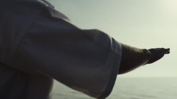 Nahaufnahme Mann Hände Training Karate Techniken Auf Sonnenuntergang Sportlicher Sportler — Stockvideo