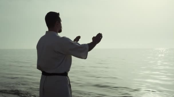 Back View Athletic Man Honing Karate Technique Enjoying Beautiful Sunset — Stock video