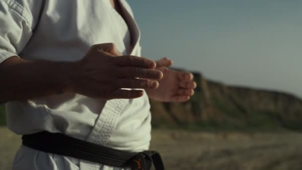 日没の終わりにビーチに立ってウォーミングアップ演習を行う手武道のマスター 夏の夜の屋外空手の戦闘訓練の戦闘技術 砂の海岸で柔道を練習する陸上競技者 — ストック動画