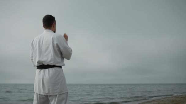 Unknown Karate Fighter Practicing Attacks Overcast Weather Day Active Man — Vídeos de Stock