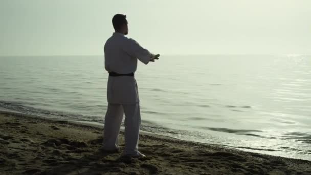 Calm Barefoot Man Training Karate Watching Picturesque Sunset Beach Focused — Stok video