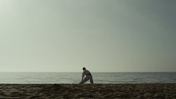 Sporty man doing warm-up squatting on sand. Karate fighter stretching on beach. — Stockvideo