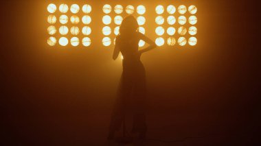 Dansçı kız gece kulübünde şarkı söylüyor. Sahnede şarkı söyleyen seksi kadın..