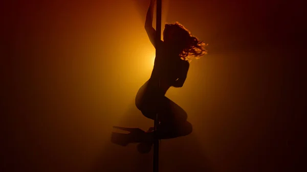 Silhouette woman pole dancing emotionally on nightclub. Lady spinning seductive