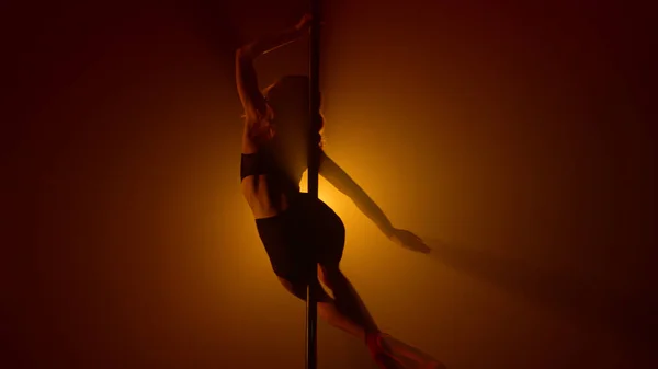 Sexy silhouette performing erotic dance on strip pole. Woman dancing sensually.