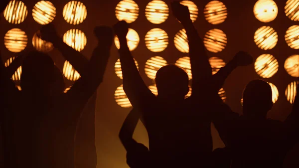 Silhouettes gens heureux dansant sur disco. Saut de foule actif avec excitation — Photo