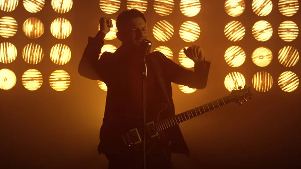 Gitarist sahne ışıkları altında mikrofon şakıyarak eğleniyor. Şarkı söyleyen adam