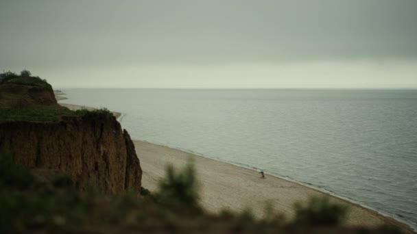 Scénický zelený kopec se zvedá nad písečnou pláž zamračený den. Šedá obloha nad klidným mořem — Stock video