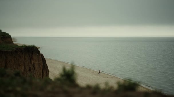 Beautiful view green hills near calm ocean. Landscape sandy shore cloudy day. — Wideo stockowe