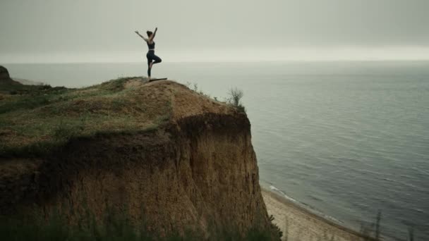 Flicka gör yoga träd poserar på stranden hilltop. Kvinna stående på ett ben utomhus — Stockvideo