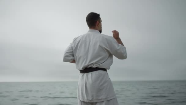 Esportista praticando treinamento de posição de mão karatê perto do mar. Homem aprende técnica — Vídeo de Stock