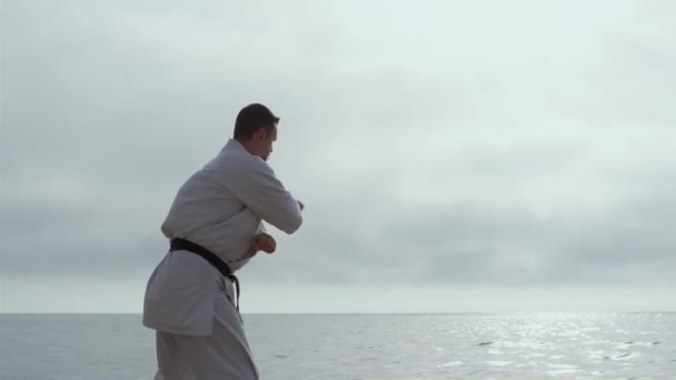 Спортсмен занимается карате стоя на пляже океана. Дзюдо-боец. — стоковое видео