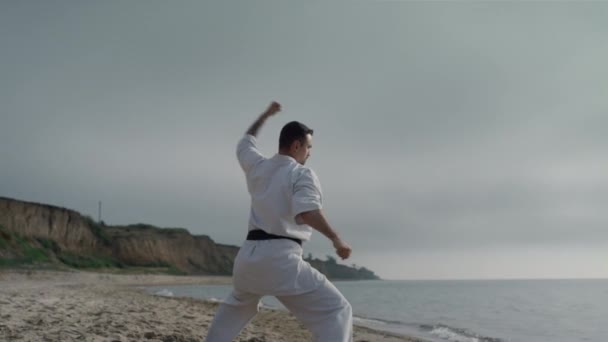 Karate fighter training strength on beach. Man standing in fighting position. — Vídeos de Stock