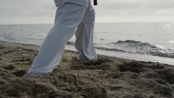 Closeup man feet stepping on sand training karate. Athlete exercising on beach. — Wideo stockowe