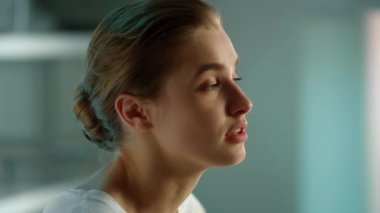 Business hr communicating online with employee closeup. Pretty girl talking