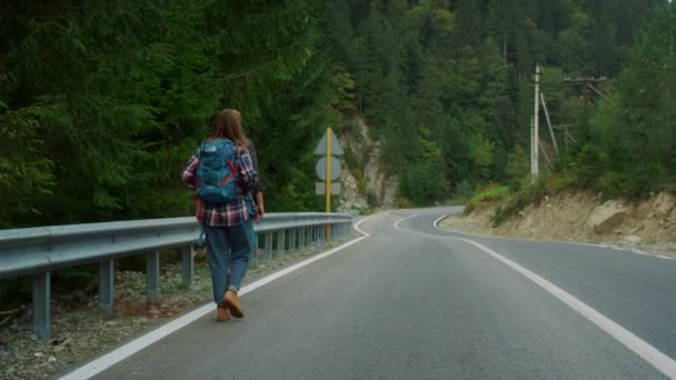 Δυο πεζοπόροι περπατούν σε βουνά. Δύο ταξιδιώτες πεζοπορία στην οδική οδό. — Αρχείο Βίντεο