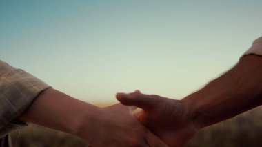 Çiftçiler altın hasat tarlasında el sıkışıyor. Tarım ortakları anlaşma.