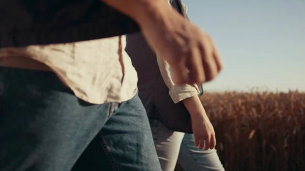 Farm workers walk wheat farmland. Unknown agronomist hands hold tablet closeup. — 스톡 사진