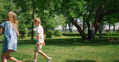 Neşeli kız kardeş erkek kardeşi piknikte yakaladı. Çocukların temiz havada aktiviteleri var..