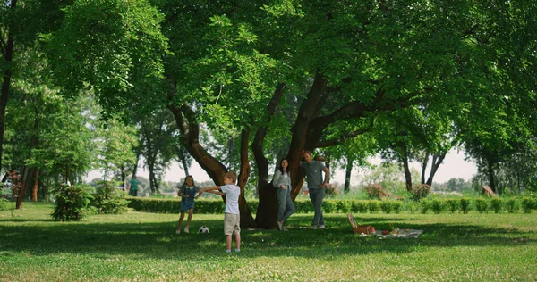 Agile kids playing active games on nature. Happy family enjoying joyful picnic. — Stock Photo, Image