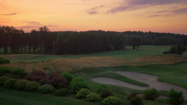 Golfbane udsigt i aften lyserød solnedgang. Tomme fairway grønne græs felt. – Stock-video