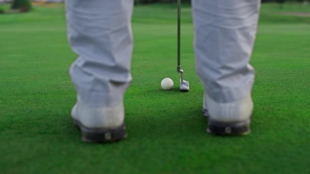 Gracz w golfa stoją fairway na trawiastym polu bujnym. Aktywny człowiek swinging club na zewnątrz — Wideo stockowe