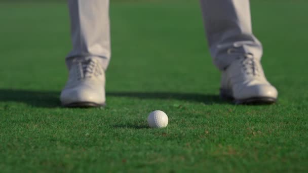 Homem pernas balançando golfe putter clube no campo de campo. Pés do jogador em pé na grama. — Vídeo de Stock