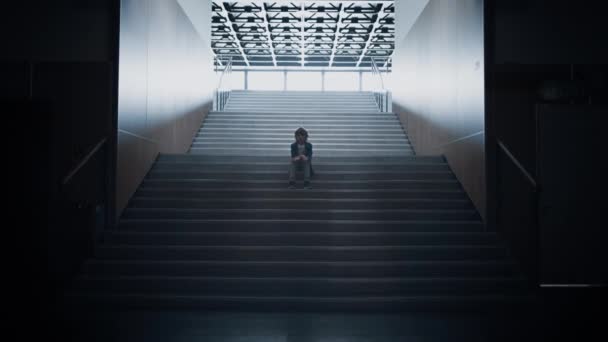 Lonely Teen Schoolchild Sitting Alone School Staircase Closeup Unhappy Schoolboy — Stock Video