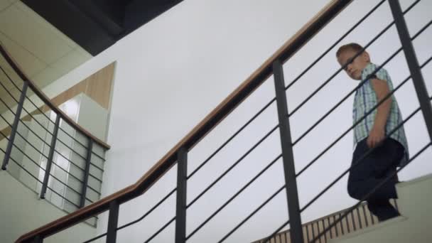 Merdivenlerden Inen Sevimli Öğrenci Okul Binasını Inceliyor Saç Örgülü Meraklı — Stok video