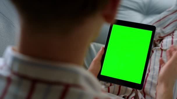 Man Holding Tablet Videocalling Pajamas Closeup Chroma Key Screen Device — Stock Video