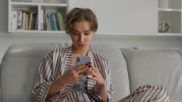 Woman Enjoy Online Communication Morning Smiling Girl Use Smartphone Closeup — Stock Video