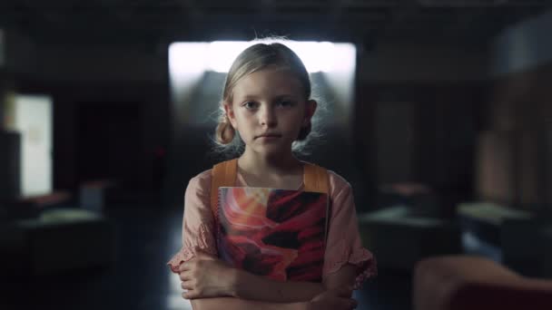 Portrait Upset Frightened Schoolgirl Standing Dark Hallway Alone Lonely Depressed — Stock Video