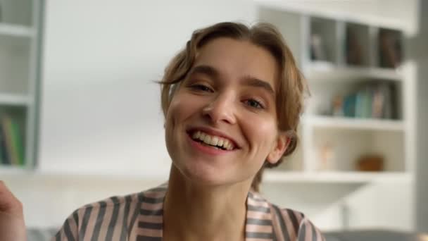 Beautiful Blogger Looking Webcam Home Closeup Happy Woman Waving Call — Stock Video