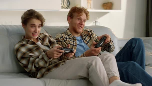 Excited Players Enjoying Video Game Happy Couple Celebrating Virtual Victory — Stock Video