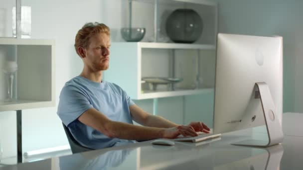 Worker Typing Desktop Computer Home Office Closeup Remote Workplace View — Stock Video