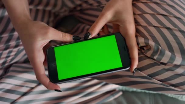 Teenager Watching Green Smartphone Hands Closeup Girl Enjoy Online Blogs — Stock Video