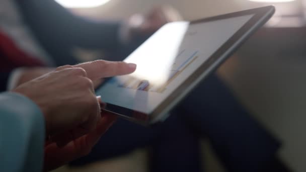 Businesswoman Hands Holding Tablet Computer Closeup Partners Checking Diagram Discussing — Stock Video