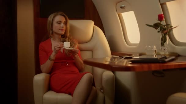 魅力的なビジネスウーマンは出張中にコーヒーを飲みます プライベートジェットでスマホを使ったリッチレディーチェックメール 成功した会社のエグゼクティブブラウジングWeb一人で休んでいます 自信に満ちた女性は旅を楽しむ — ストック動画
